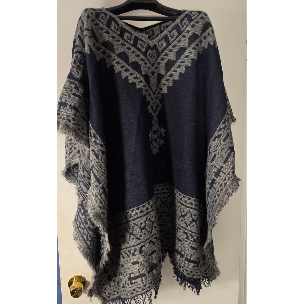 World Market Navy Blue Grey Geometric Tribal Fringe Poncho One Size